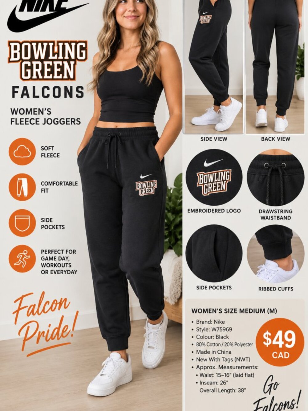 Nike Bowling Green Falcons Fleece Joggers Women’s M NWT